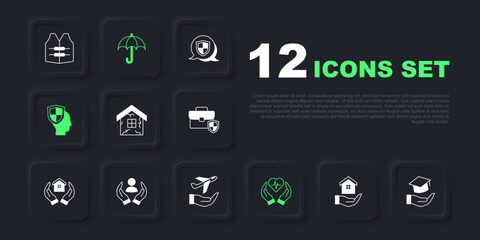 Set House in hand, Education grant, Life insurance, with shield, Umbrella and Plane icon. Vector