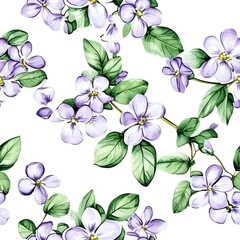 Delicate floral pattern of light purple blossoms and green leaves.