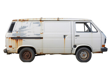 Old rusty white van isolated on transparent background, vintage damaged cargo vehicle with corrosion.