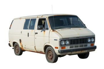 Old rusty white van isolated on transparent background, vintage damaged cargo vehicle with corrosion.