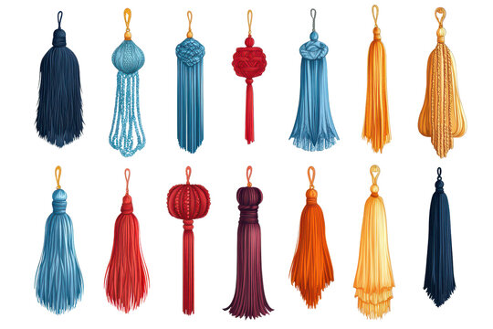 Colorful tassel accessories collection showcasing various styles, textures, and designs suitable for home decor and fashion enhancement