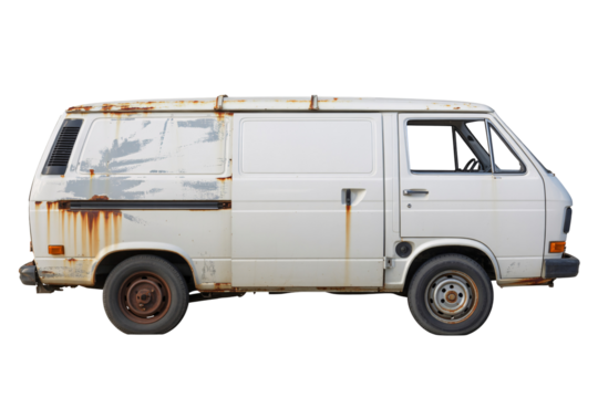 Old rusty white van isolated on transparent background, vintage damaged cargo vehicle with corrosion.