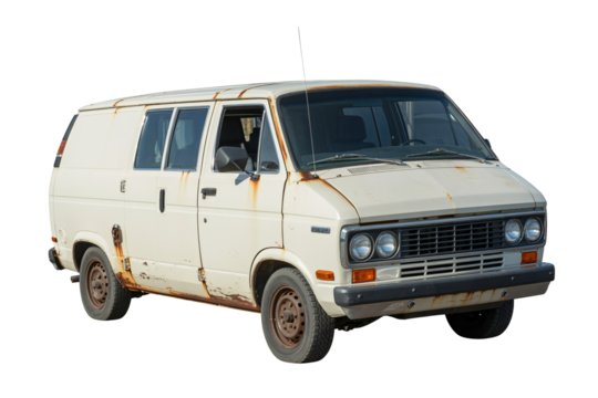 Old rusty white van isolated on transparent background, vintage damaged cargo vehicle with corrosion.