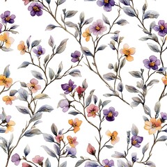 Watercolor floral pattern with various shades of flowers and leaves.