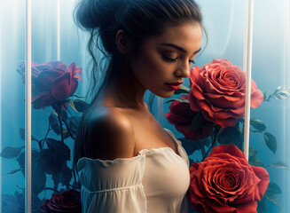 Close-up of a woman and elaborate paper roses, creating a romantic atmosphere.