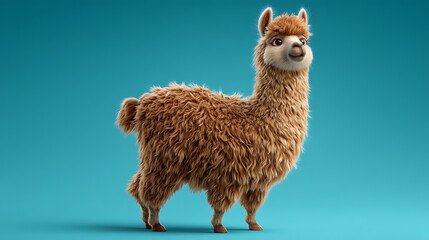 Cute animated llama standing on a vibrant blue background, showcasing its fluffy fur and playful expression