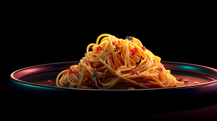 A vibrant plate of spaghetti topped with herbs and spices, set against a dark background