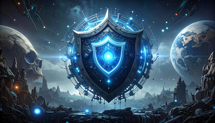 global security with blue shield on a dark background