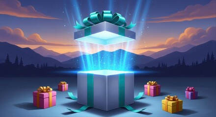 Magical open gift box with glowing light surrounded by smaller presents in a mountain landscape.