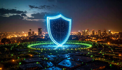 global security with blue shield on a dark background