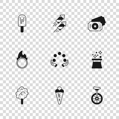 Set Ice cream in waffle, Magician hat, Unicycle, Juggling ball, Circus ticket, Firework rocket and fire hoop icon. Vector © Iryna