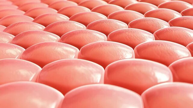 Close up view of coral colored cell layer, showing cellular structure for medical or scientific purposes like histology or dermatology