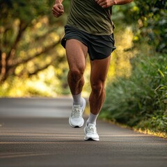 A determined runner strides confidently down a picturesque path, surrounded by lush greenery, epitomizing health, fitness, and the joy of outdoor exercise in nature.