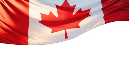 A vibrant Canadian flag in a formal portrait, gracefully flowing under sunlight, with generous copy space below for prominent messaging.