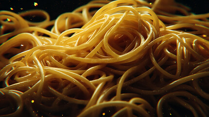 Close-up of a tangled pile of spaghetti with a dark background, showcasing texture and shine