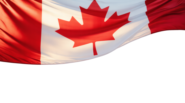 A vibrant Canadian flag in a formal portrait, gracefully flowing under sunlight, with generous copy space below for prominent messaging.