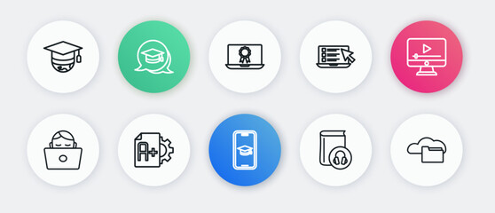 Set line Graduation cap on mobile, Online play video, Student working laptop, Audio book, quiz, test, survey, education with diploma, Cloud online library and Exam sheet plus grade icon. Vector
