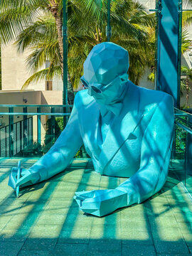 Miami, USA - February 19, 2025: Bust sculpture of architect &ldquo;Le Corbusier&rdquo; by French artist Xavier Veilhan, Miami Design District