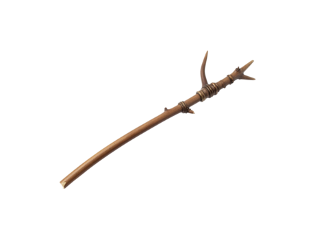 Detailed view of a wooden staff with metal rings and forked end