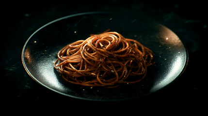A close-up of a plate of spaghetti with a dark background, highlighting the texture and shine