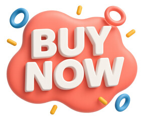 Coral bubble sticker with BUY NOW offer in bold lettering, vibrant retail promotion on transparent background.