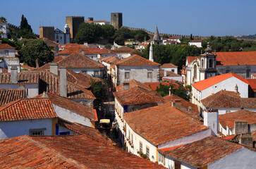 Portugal, Lisbon. Picturesque, medieval town of Obidos. Typical 18th - 19th-century houses within...