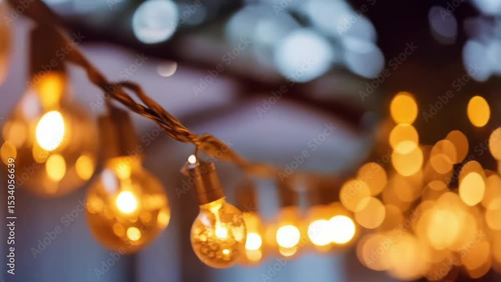 Poster warm decorative string lights create soft bokeh effect, adding festive atmosphere for outdoor gather
