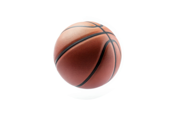 Falling basketball shows dynamic motion in a clear background highlighting its textured surface and distinctive pattern during an impressive drop