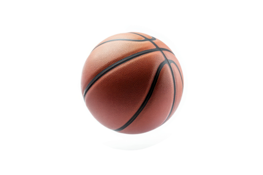 Falling basketball shows dynamic motion in a clear background highlighting its textured surface and distinctive pattern during an impressive drop