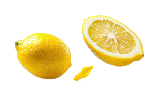 Lemon tumbles from the air, splitting in half against a bright white background