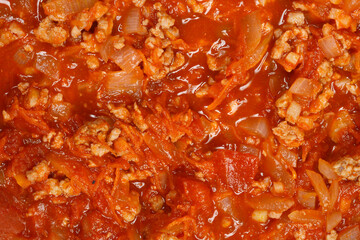 A close-up of the texture of a ground meat, onion, and tomato sauce