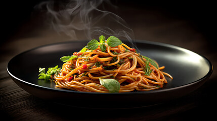 A steaming plate of spaghetti garnished with fresh herbs, served on a dark wooden table