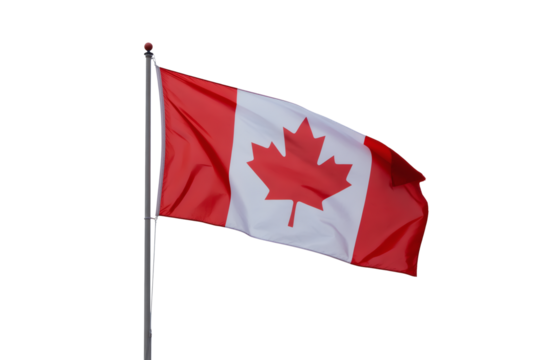 A majestic Canadian flag billowing proudly from its flagpole against a clear, expansive sky, embodying a strong national spirit.