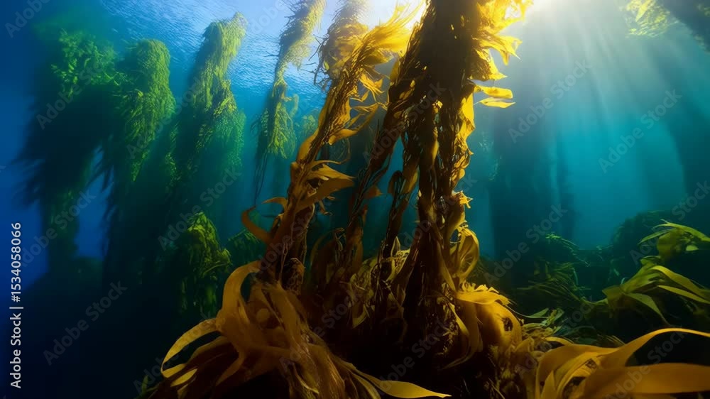 Poster underwater shot of kelp forest with sunrays piercing through the water surface, creating a serene an