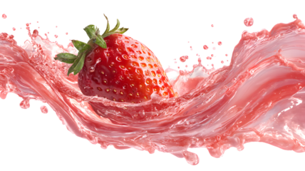 Fresh strawberry immersed in vibrant strawberry smoothie splashing against a background illustrating refreshment