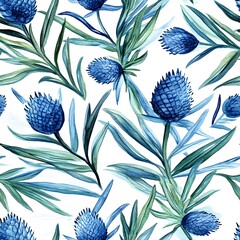 Blue flower and leaf pattern on white background.