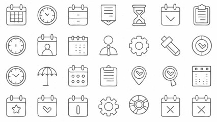 Collection of various drawn icons including calendars clocks documents and business related symbols in gray