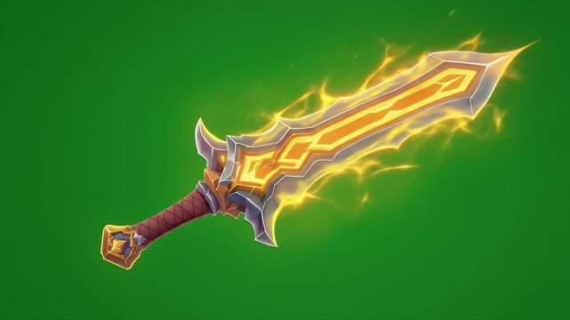 Animated Pixel Art Magic Sword Sprite Glowing in Orange and Yellow Isolated on Green Screen Ideal for Fantasy Themed Events and RPGs