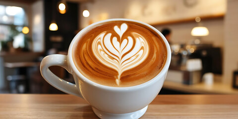 Latte Art in White Cup with Leafy Heart Design on Wooden Table

