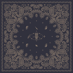 Bandana Print. Hops bandanna hops space, saturn. paisley seamless pattern. flowers, hops, rice. Dark Chocolate color  pattern template. Silk neck scarf or kerchief square pattern design. © Wanlaphak