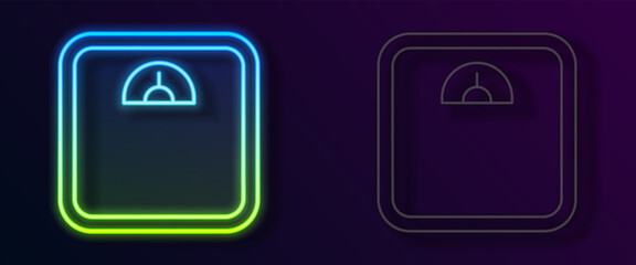 Glowing neon line Bathroom scales icon isolated on black background. Weight measure Equipment. Weight Scale fitness sport concept. Vector