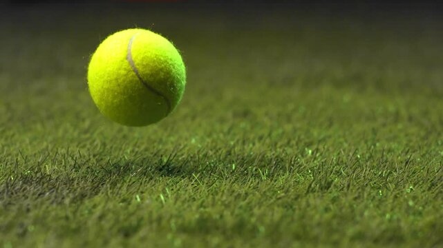 Tennis ball bouncing on green artificial turf with selective focus close up shot
