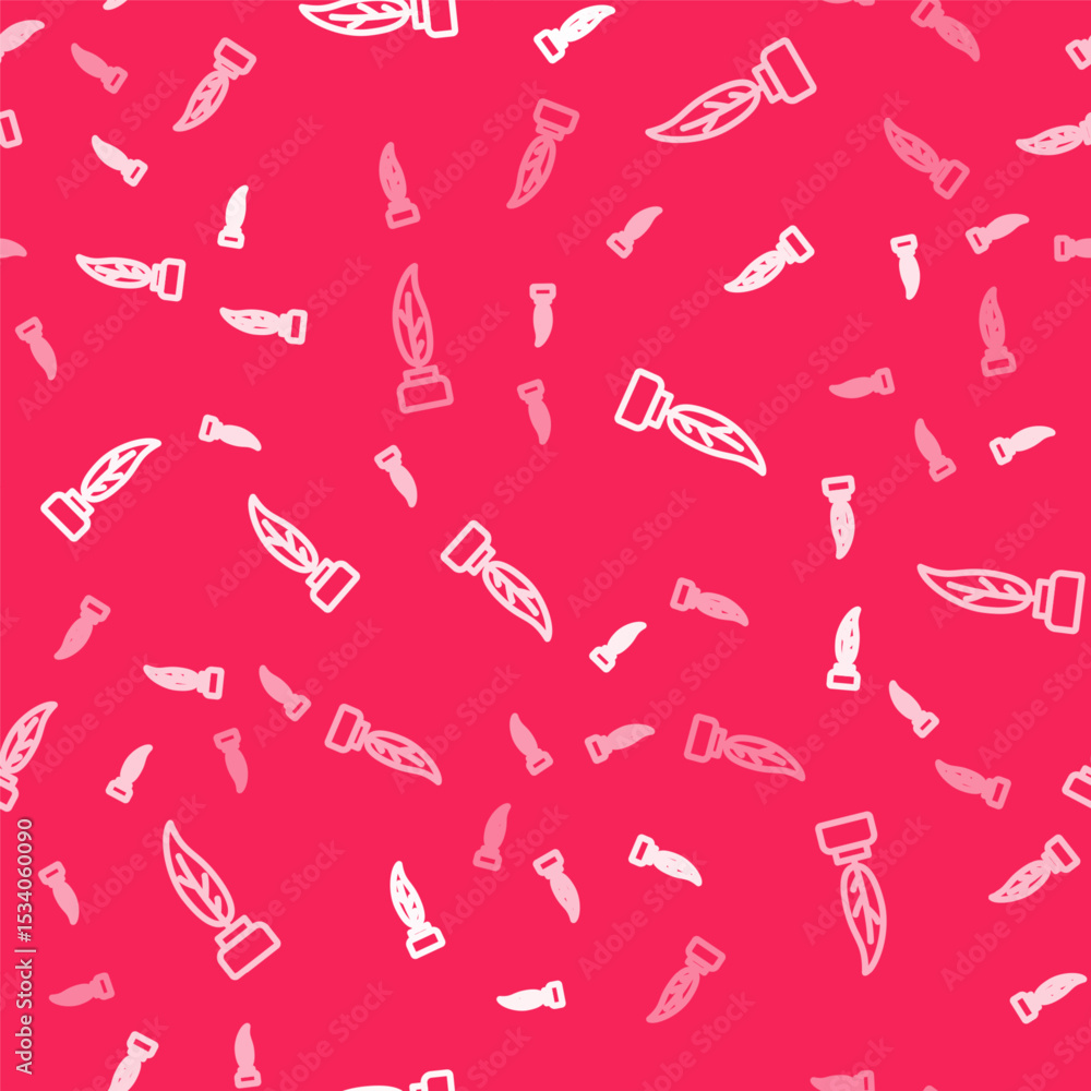 Poster white line feather and inkwell icon isolated seamless pattern on red background. vector