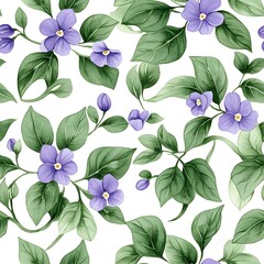 Delicate floral pattern of purple flowers and green leaves.
