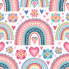 Colorful rainbow, heart and flower seamless pattern background