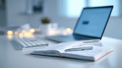 Trendy Laptop and Open Notebook with Pen for Online Learning Contexts
tec
