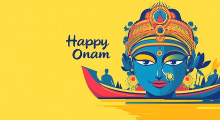 Fototapeta premium Happy Onam Festival Greeting Card with Goddess Lakshmi and Boat Race Illustration