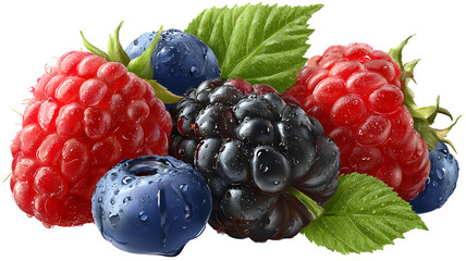 Freshly harvested assortment of berries featuring raspberries blackberries and blueberries against a background showing refreshing water droplets