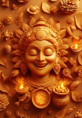 Serene Golden Goddess Sculpture with Floral Ornaments and Lights