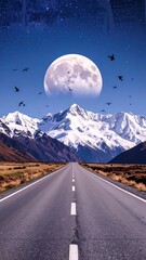 Scenic Moonlit Road Leading to Snowy Mountains Under a Starry Sky. AI Generated